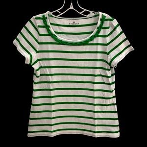 TALBOTS Braided Neckline Green & White Striped Knit TOP